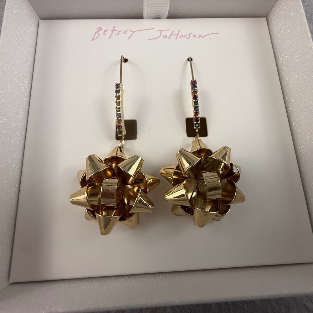 Betsey Johnson Drop Earrings Holiday Bow Gold Tone Rainbow Crystal Holiday Party - Picture 3 of 8